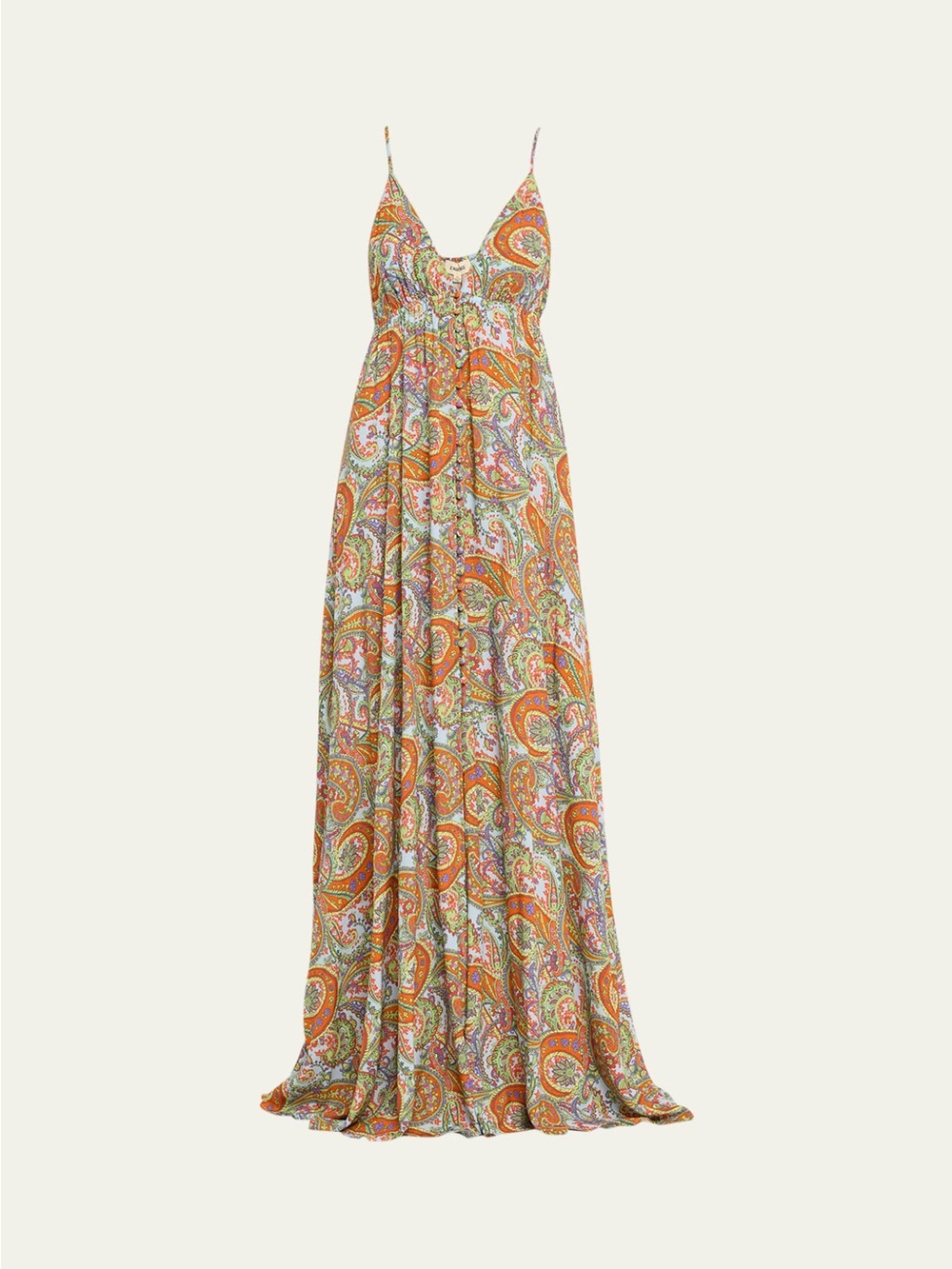 L'AGENCE Paisley Spaghetti-Strap Maxi Dress in Orange, Green and Pink